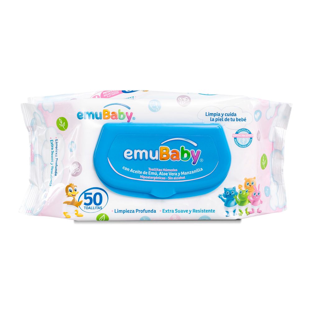 Emubaby Toallitas Húmedas Con Aceite De Emú, Áloe Vera, Manzanilla 50 Unidades