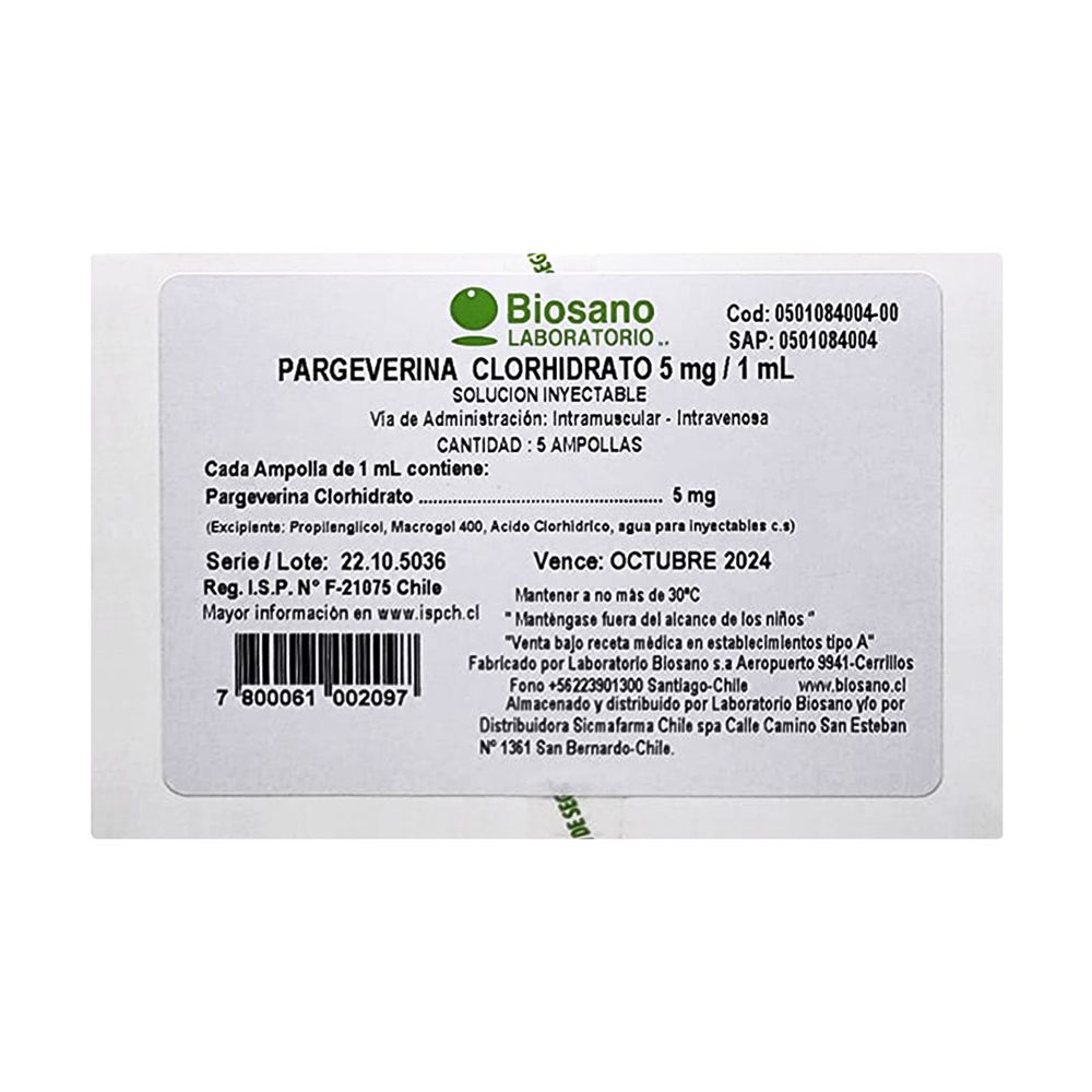 Pargeverina 5 mg / ml Solucion Iny 5Amp