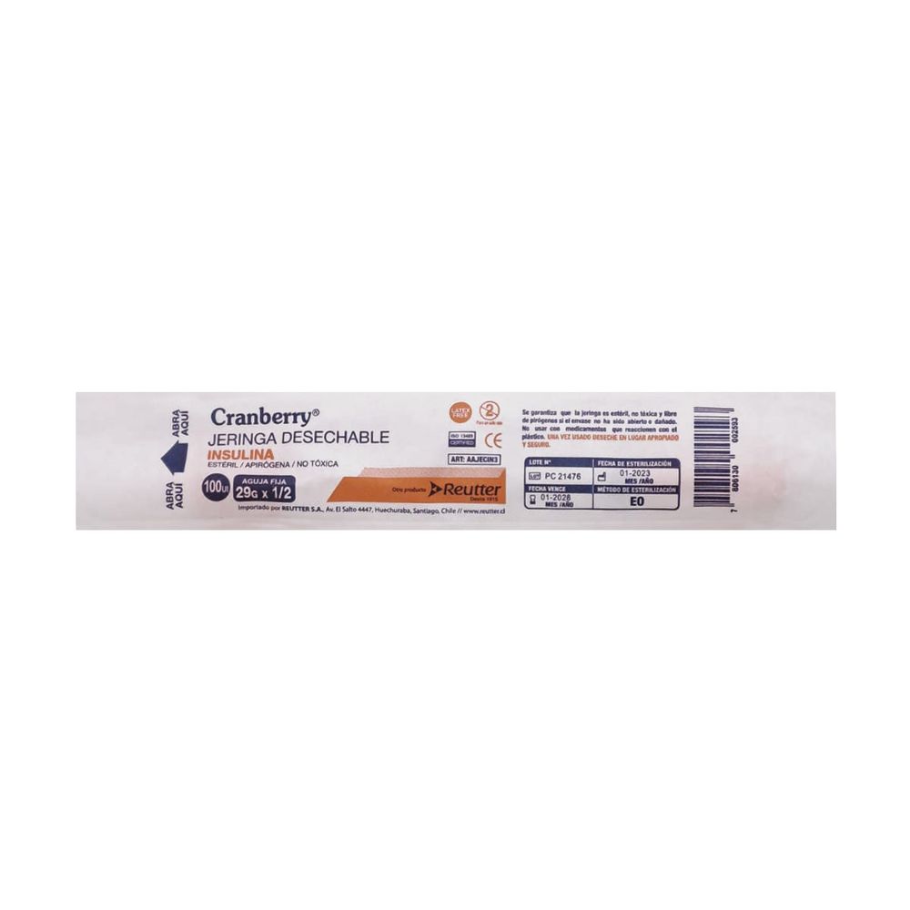 Cranberry - Jeringa Para Insulina 1 ml Aguja (29 G X 1 - 2) 1 Pieza