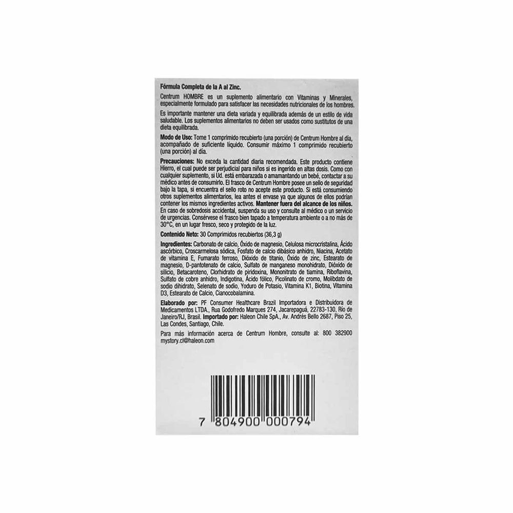 Centrum Hombre - Multivitamínico + Multimineral Suplemento 30 Comp